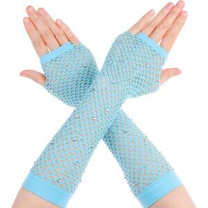 Women's Rhinestone Light Blue Sparkly Halloween Cosplay Fingerless Long Gloves